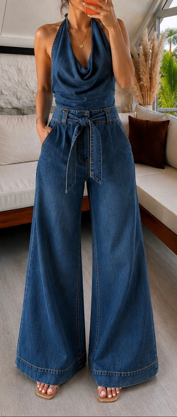 Luna Denim Sırt Dekolteli Tulum